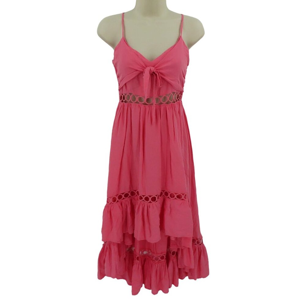 Main Strip Womens Small Pink Cutout Spaghetti Strap Ruched High Low Sun Dress
